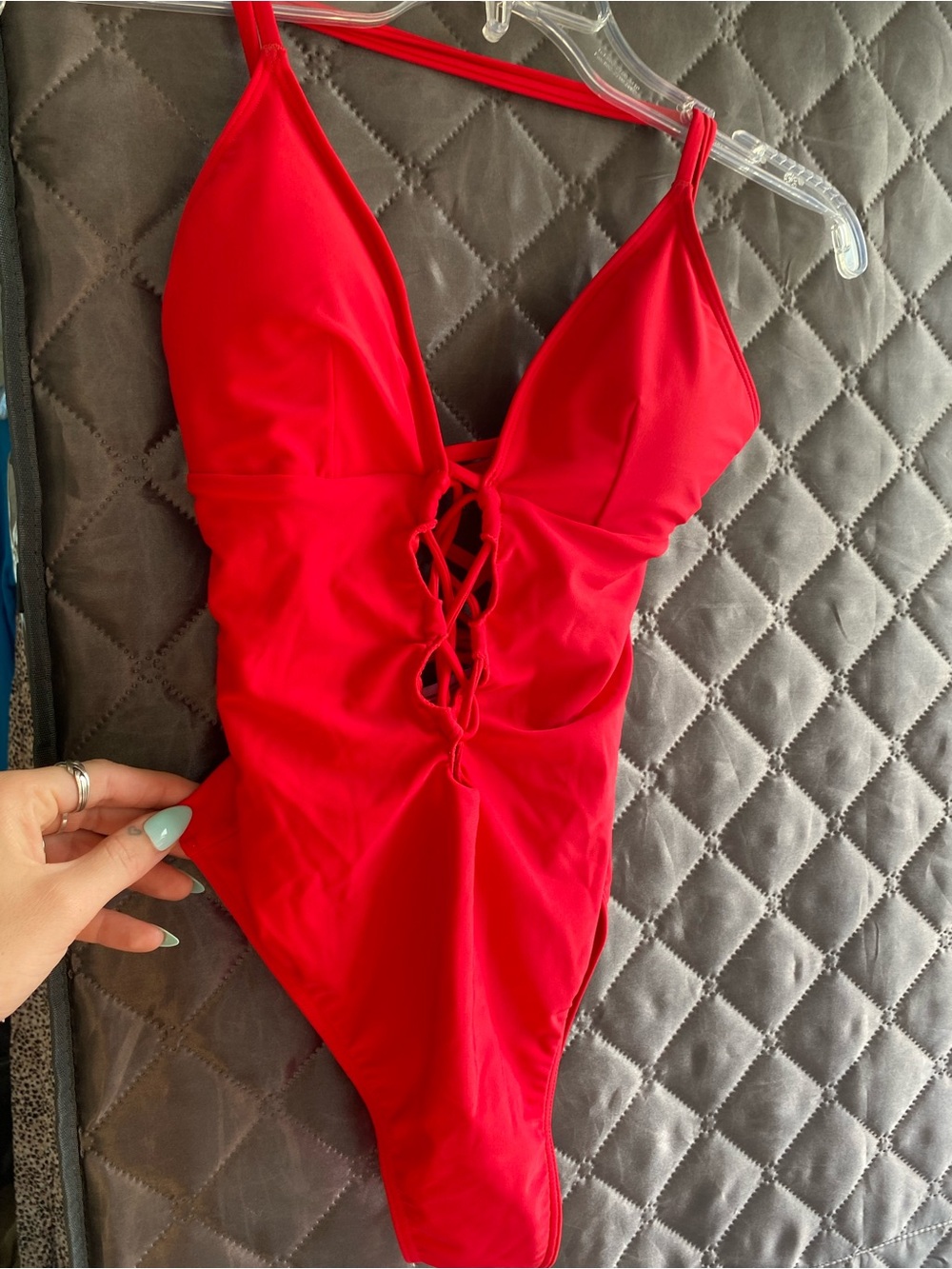 Abercrombie Red Plunge Lace-Up One Piece Bathing Suit NWOT xs